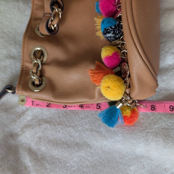 ALDO pom pom tassel bucket purse - tan and colorful - Picture 12 of 12
